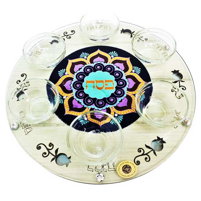 צלחת פסח 33 ס"מ מעוצבת גוונים כחולים עם חיתוכי לייזר מהממים עם 6 צלוחיות זכוכית -מיוצר בישראל בעבודת יד.
