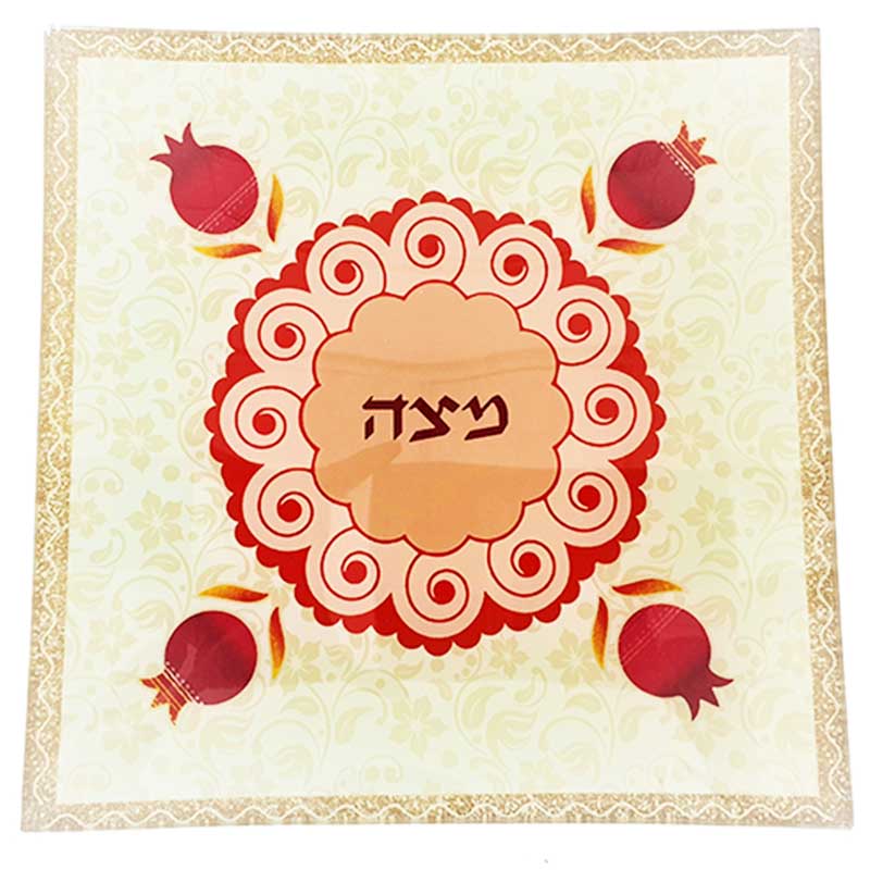 צלחת מצה זכוכית 25*25 צלחת פסח 33 ס"מ מעוצבת גוונים אדומים \ כתומים ועיטורי רימונים מהממים -מיוצר בישראל בעבודת יד.