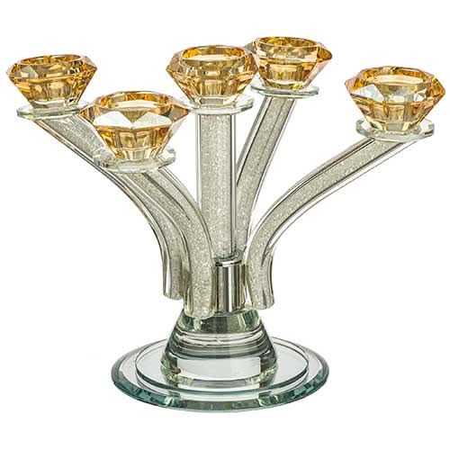 פמוט 5 קנים (23 ס"מ) "זהב" מהודר מקריסטל עם אבנים מנצנצות