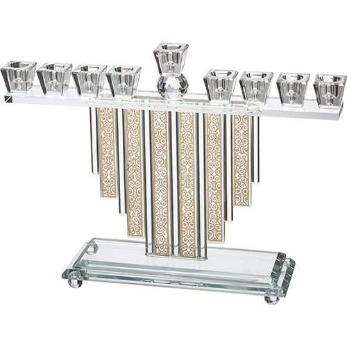 חנוכייה "סלסולים" מהודרת (30*26 ס"מ) מקריסטל, פלטת מתכת "פיליגרין"