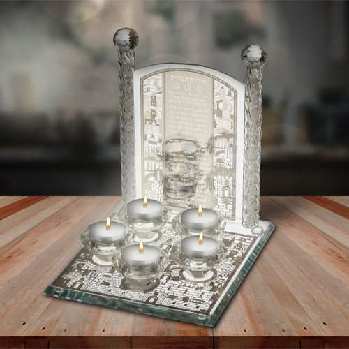 פמוטי קריסטל 5 קנים "הדלקת נרות" (26*21 ס"מ) עם קריסטלים ועיטורי ירושלים
