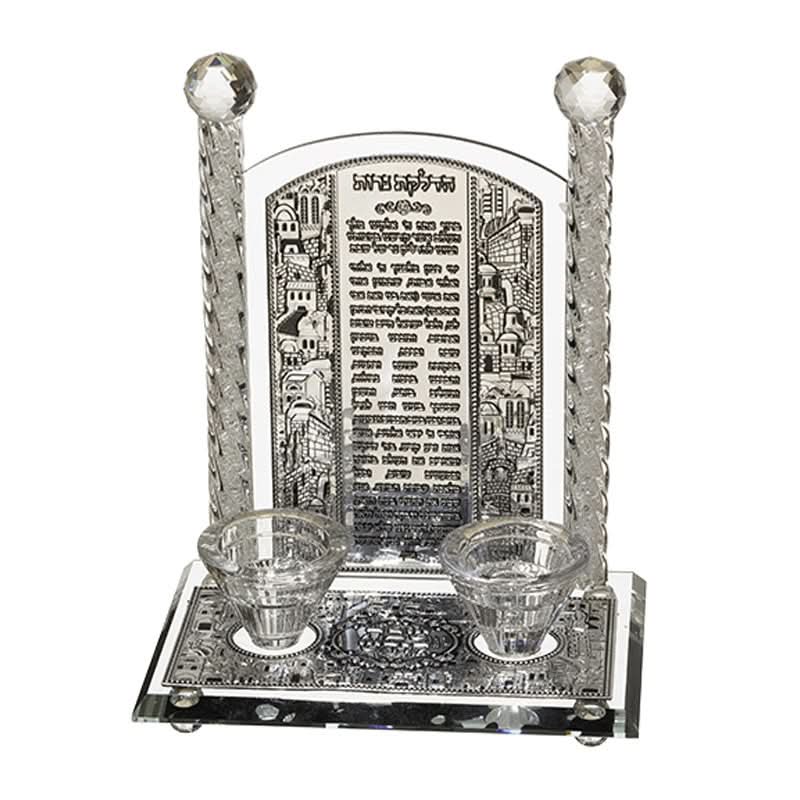 פמוטי שבת מיציקת קריסטל "הדלקת נרות" (24 ס"מ), עיטורי ירושלים