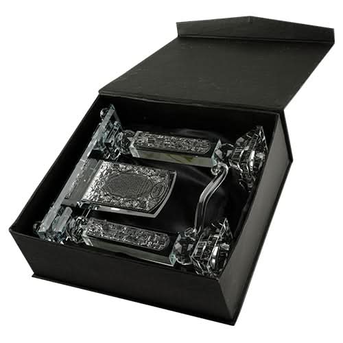 פמוטי יציקת קריסטל "הדלקת נרות" (21 ס"מ) עם קריסטלים ועיטורי ירושלים