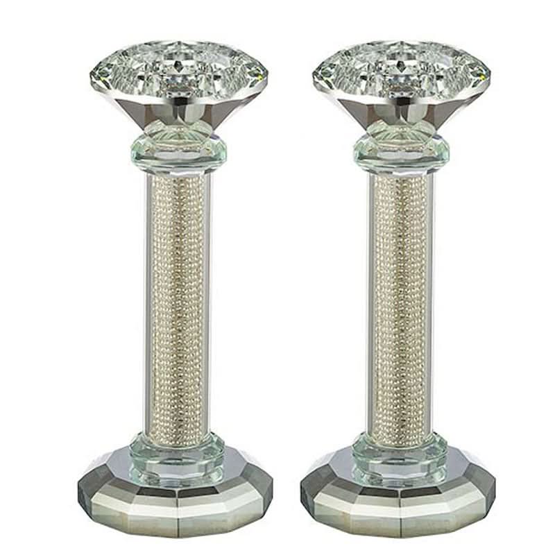 Pair of crystal candlesticks (16.5 cm) silver plated with white crystals