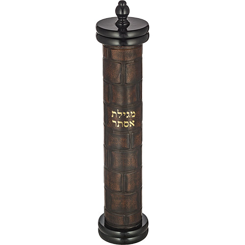 בית מגילה אשכנזי (עבור קלף 39 ס"מ) מעץ עם עיטורי "כותל" על גבי עור