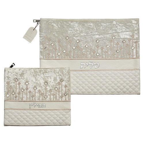 סט כיסוי "טלית + תפילין" (29*36 ס"מ) אותיות בולטות כסף, דמוי עור לבן
