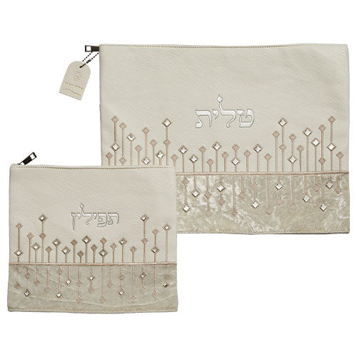 סט כיסוי "טלית + תפילין" (29*36 ס"מ) אותיות בולטות כסף, דמוי עור לבן