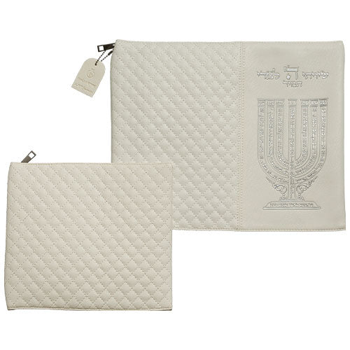 סט כיסוי "טלית+תפילין" (31*38 ס"מ) "שיויתי", אותיות כסף, דמוי עור לבן