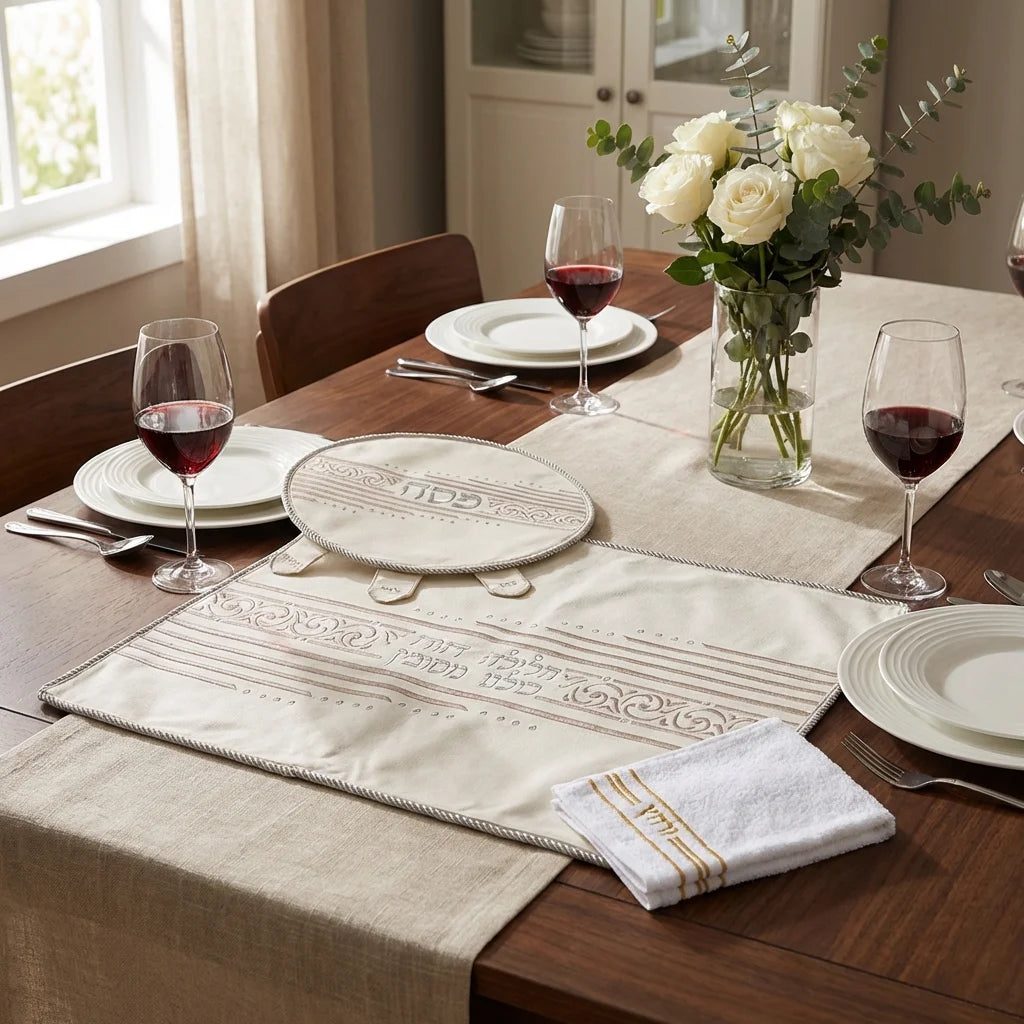 4-piece Passover set in a brocade and satin - Passover cover, Afikoman cover, sabbath pillow, and towel