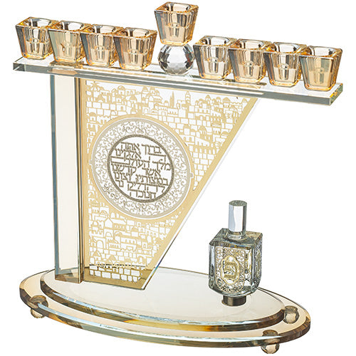 Elegant "Blessed are You, God..." Chanukah Menorah (28*27 cm) made of crystal, "filigree" metal plate