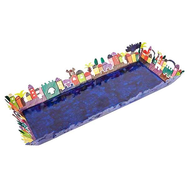 מגש מלבני ( 17 * 35 * 3.5 ס"מ ) בחיתוך לייזר + ציור יד נופי ירושלים צבעוני ממתכת העשוי בחיתוך לייזר מדויק וצביעה ידנית. פריט גדול ייחודי - ע"י האמן הירושלמי יאיר עמנואל. מחיר מבצע מיוחד מתנות ישראל