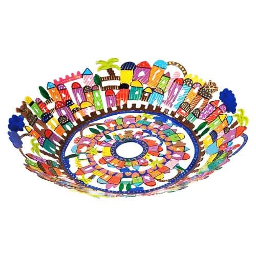 קערה גדולה ( 35*40*6 ס"מ ) בחיתוך לייזר + ציור יד נופי ירושלים צבעוני ממתכת העשוי בחיתוך לייזר מדויק וצביעה ידנית. פריט גדול ייחודי - ע"י האמן הירושלמי יאיר עמנואל. מחיר מבצע מיוחד מתנות ישראל