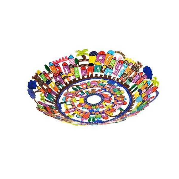 קערת "נופי ירושלים" ( 25*29*5 ס"מ ) בחיתוך לייזר + ציור יד נופי ירושלים צבעוני ממתכת העשוי בחיתוך לייזר מדויק וצביעה ידנית. פריט גדול ייחודי - ע"י האמן הירושלמי יאיר עמנואל. מחיר מבצע מיוחד מתנות ישראל