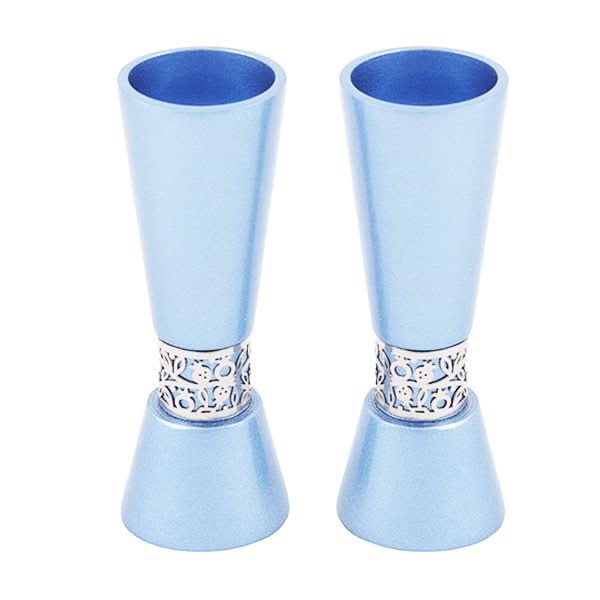 זוג פמוטי "עיטורי רימונים" מהודרים גדולים ( 14.5 * 5 ס"מ ) ממתכת בגימור כחול - מעוצב ומיוצר ע"י אמן יאיר עמנואל.