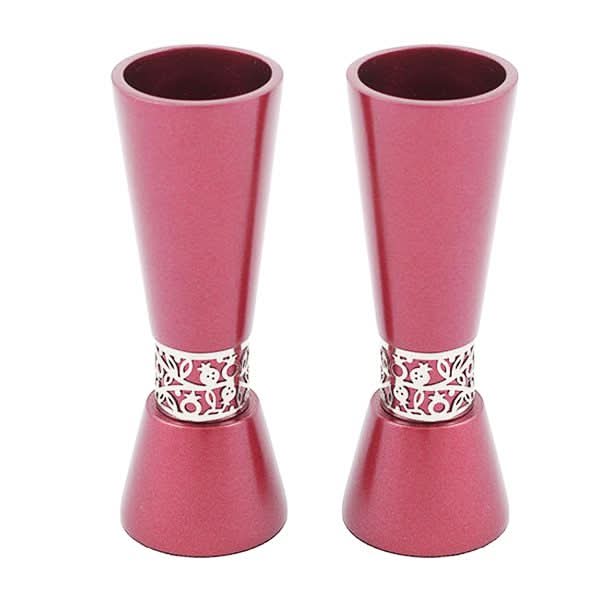 A pair of large, elegant "pomegranate decorations" candlesticks (14.5 * 5 cm) made of metal with a burgundy finish - designed and produced by artist Yair Emmanuel