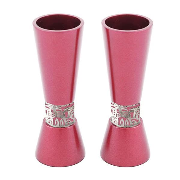 A pair of large, elegant "Jerusalem Decorations" candlesticks (14.5 * 5 cm) made of metal with a burgundy finish - designed and produced by artist Yair Emanuel