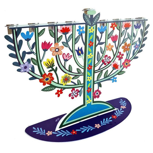 חנוכיית מתכת (8.5*23*28.5 ס"מ) "פרחים" - אמנית היודאיקה דורית קליין