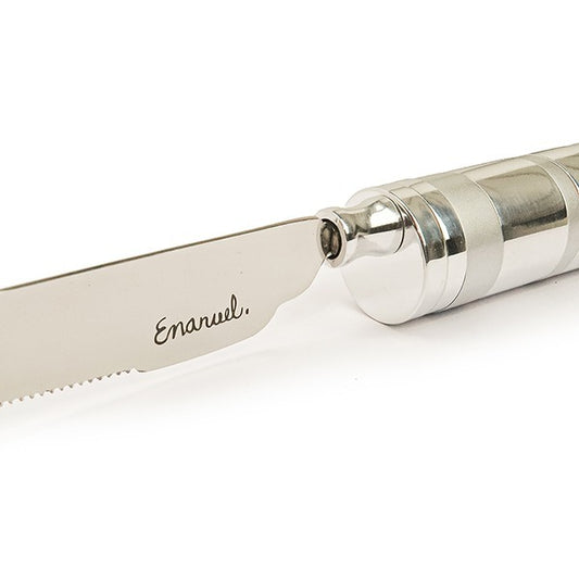 סכין חלה עם מלח (3*34 ס"מ) ידית עם טבעות כסופות, האמן יאיר עמנואל