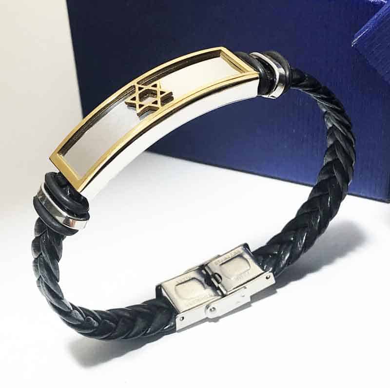 צמיד סטיל עם רצועת עור מלופף "מגן דוד" עם ציפוי זהב!