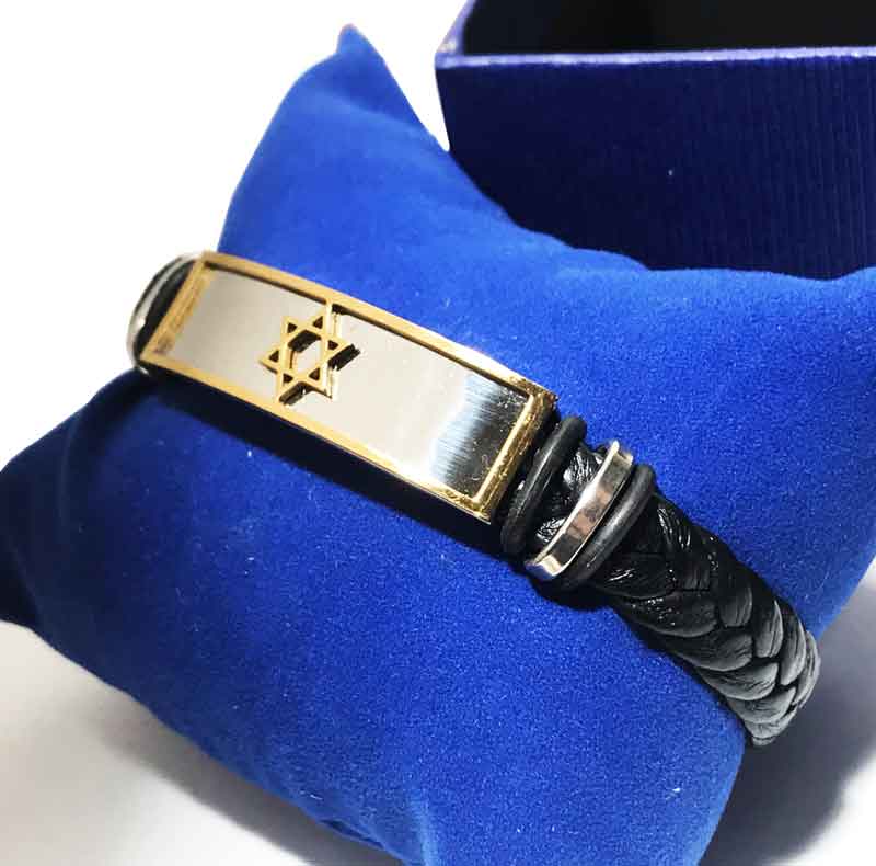 צמיד סטיל עם רצועת עור מלופף "מגן דוד" עם ציפוי זהב!