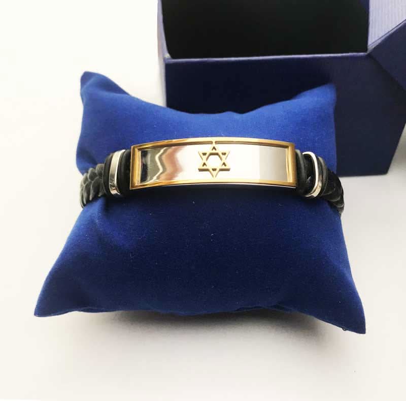 צמיד סטיל עם רצועת עור מלופף "מגן דוד" עם ציפוי זהב!