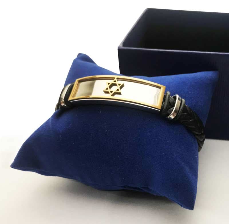 צמיד סטיל עם רצועת עור מלופף "מגן דוד" עם ציפוי זהב!