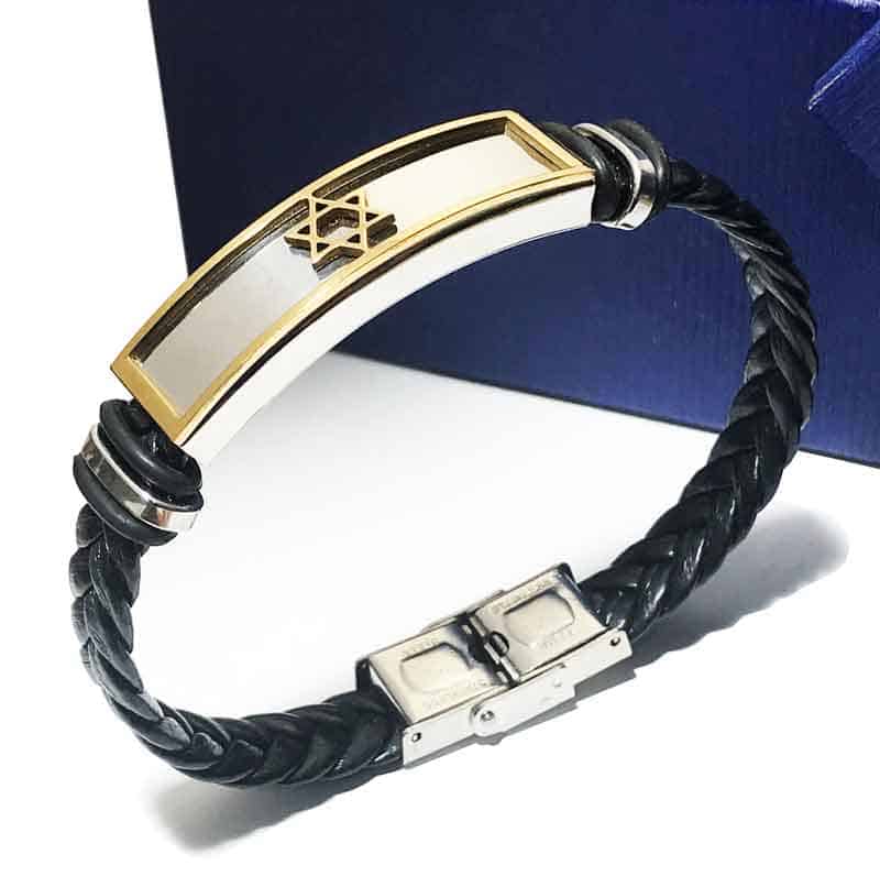צמיד סטיל עם רצועת עור מלופף "מגן דוד" עם ציפוי זהב!