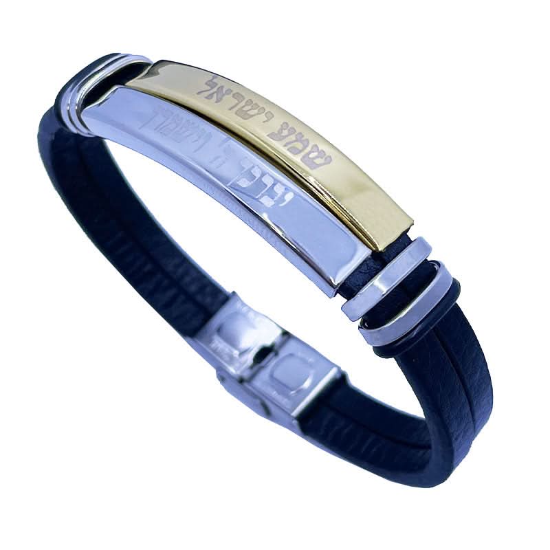 צמיד 2 ברכות:"שמע ישראל" ו-"יברכך ה וישמרך" לגבר מסטיל(פלדת אל חלד). מגיע עם רצועת עור כפולה ו2 פלטות סטיל עם הכיתובים. ציפוי PVD שחור חזק. ניתן לקיצור! מחיר מבצע באתר מתנות ישראל.