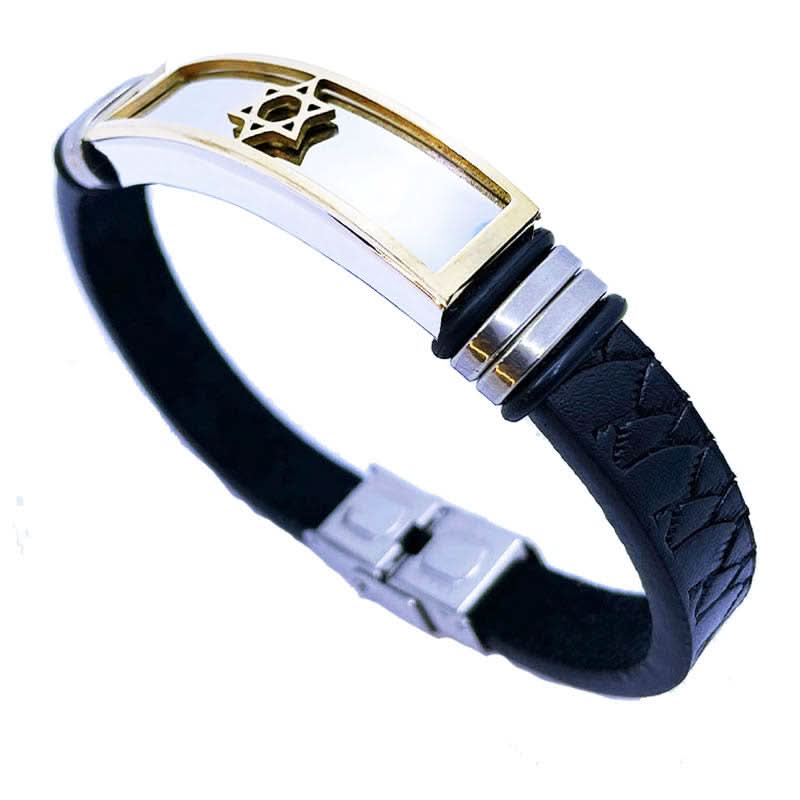 Men's bracelet "Star of David" (21-22 cm) gold-plated with black leather straps