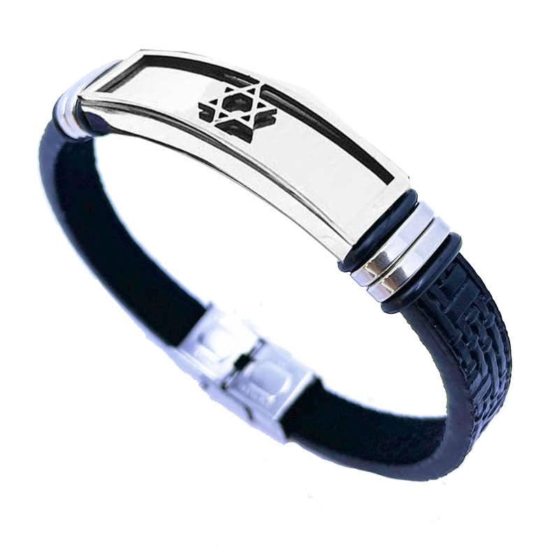 צמיד לגבר "מגן דוד" עם רצועות עור שחור (21 ס"מ)