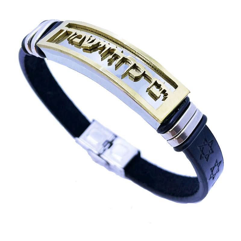 צמיד "יברכך ה וישמרך" פלטת סטיל (21 ס"מ) מעור שחור עם ציפוי זהב