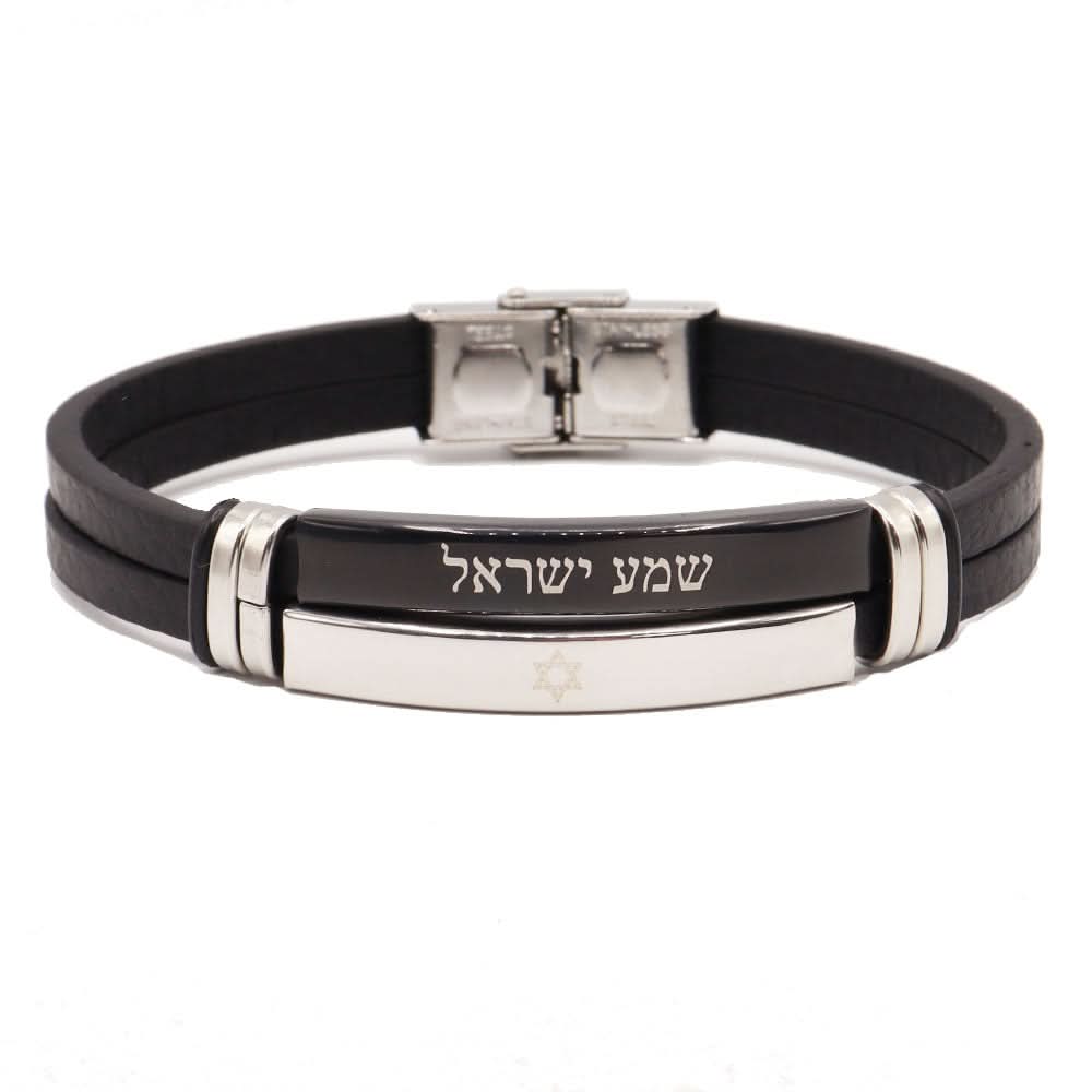 צמיד "שמע ישראל" ו"מגן דוד" עם רצועות עור שחור (21 ס"מ)