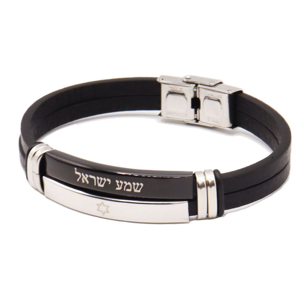 צמיד "שמע ישראל" ו"מגן דוד" עם רצועות עור שחור (21 ס"מ)