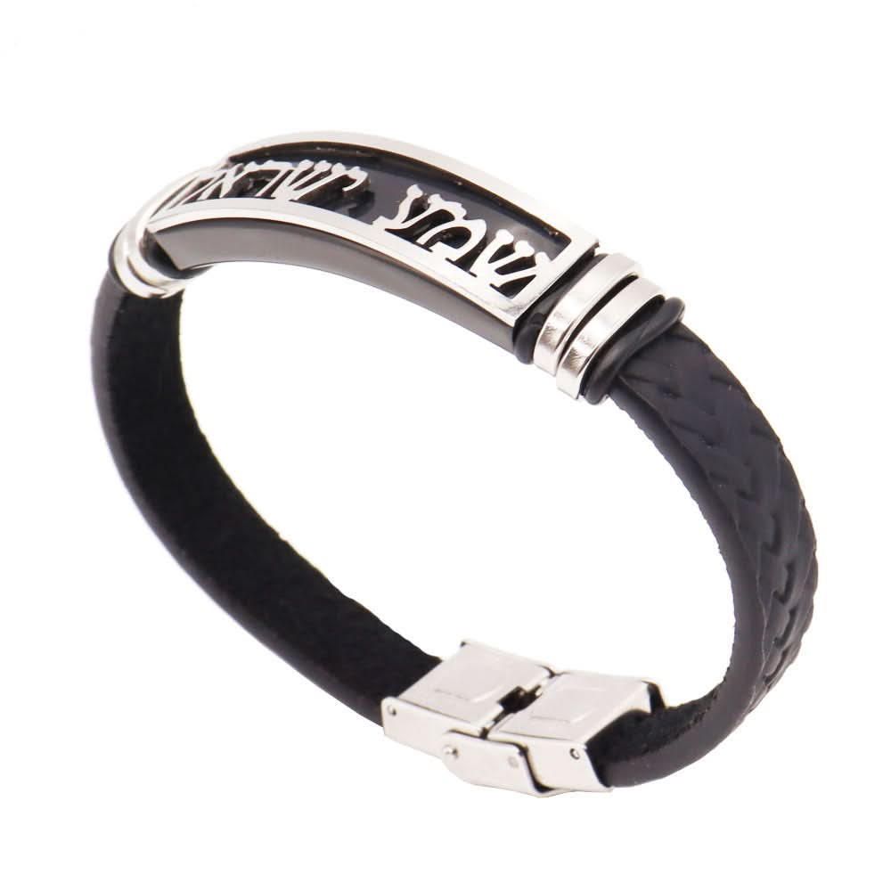 צמיד "שמע ישראל" עם רצועות עור שחור איכותי (21 ס"מ) עיטורי "שזירות"