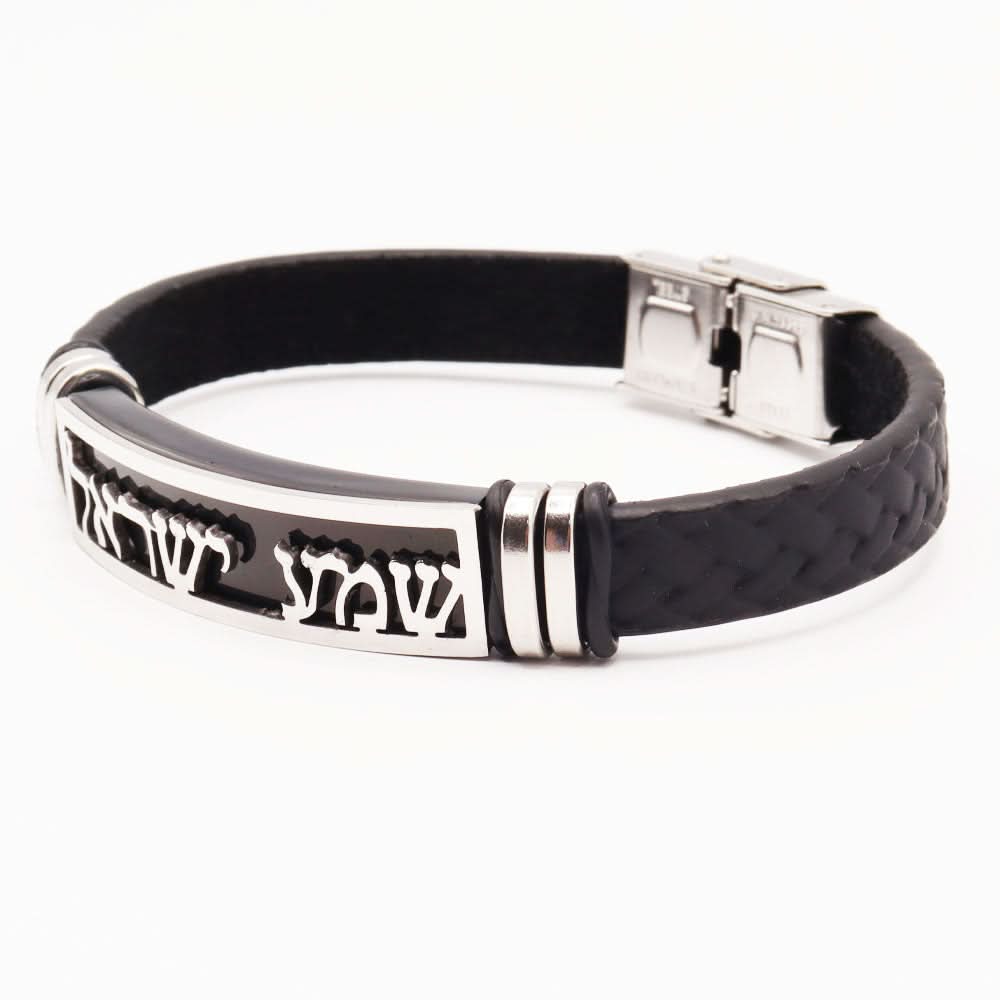 צמיד "שמע ישראל" עם רצועות עור שחור איכותי (21 ס"מ) עיטורי "שזירות"