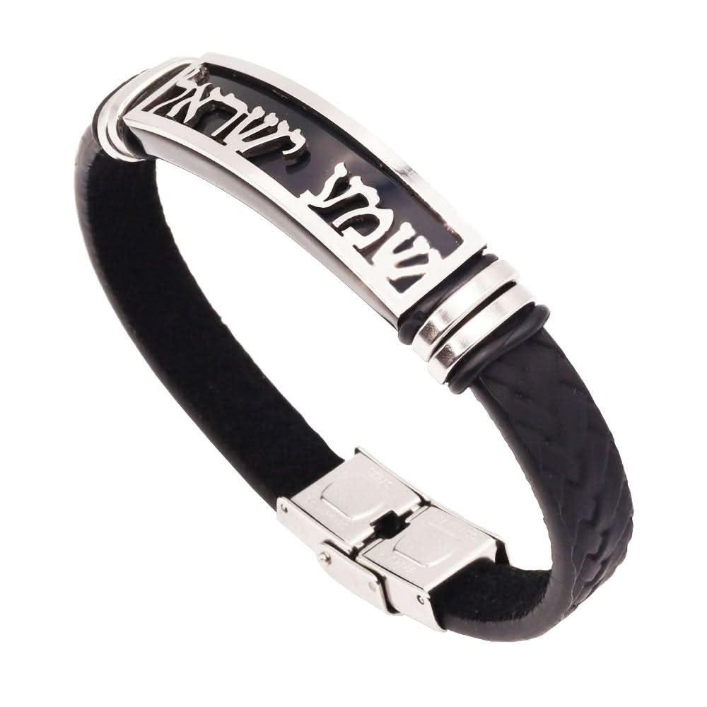 צמיד "שמע ישראל" עם רצועות עור שחור איכותי (21 ס"מ) עיטורי "שזירות"