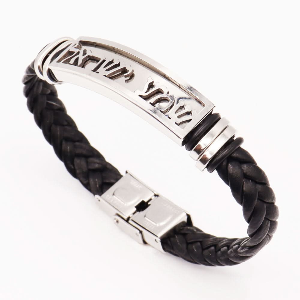 צמיד "שמע ישראל" עם רצועות גומי שזור שחור איכותי (21 ס"מ)