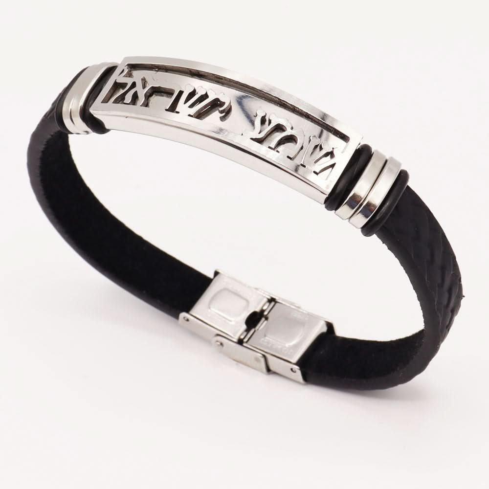 צמיד "שמע ישראל" עם רצועות עור שחור (21 ס"מ)