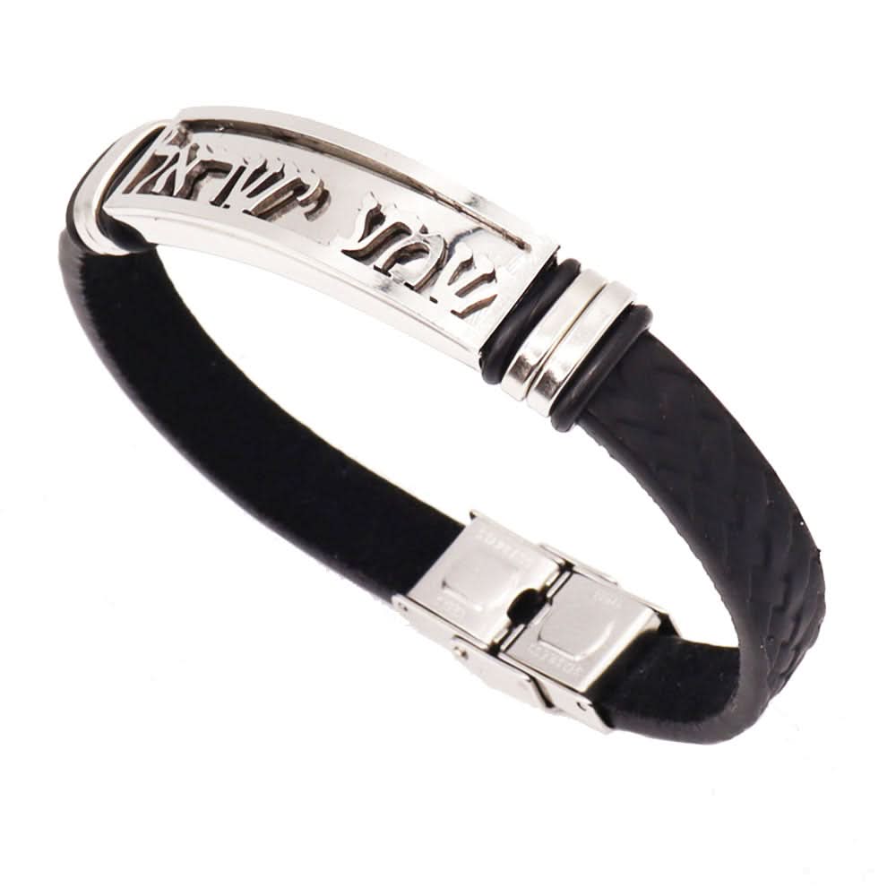 צמיד "שמע ישראל" עם רצועות עור שחור (21 ס"מ)