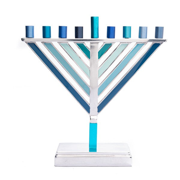 חנוכיית חב"ד גדולה בקנים ישרים בגווני כחול - אלומיניום, מתכת - יאיר עמנואל
