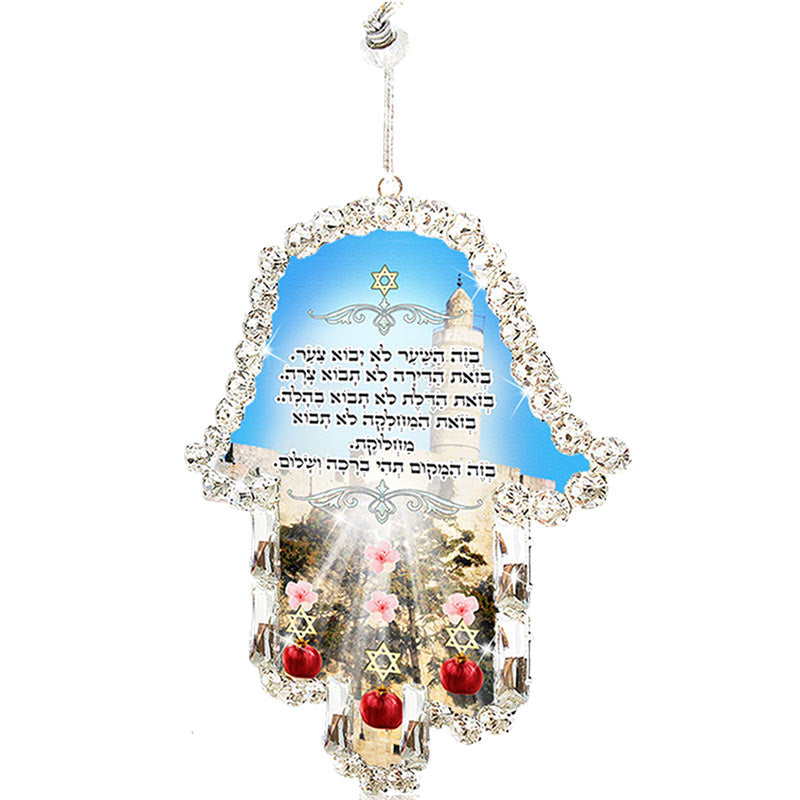 Hamsa wall pendant (14.5*11 cm) with "home blessing" inlaid with white crystals