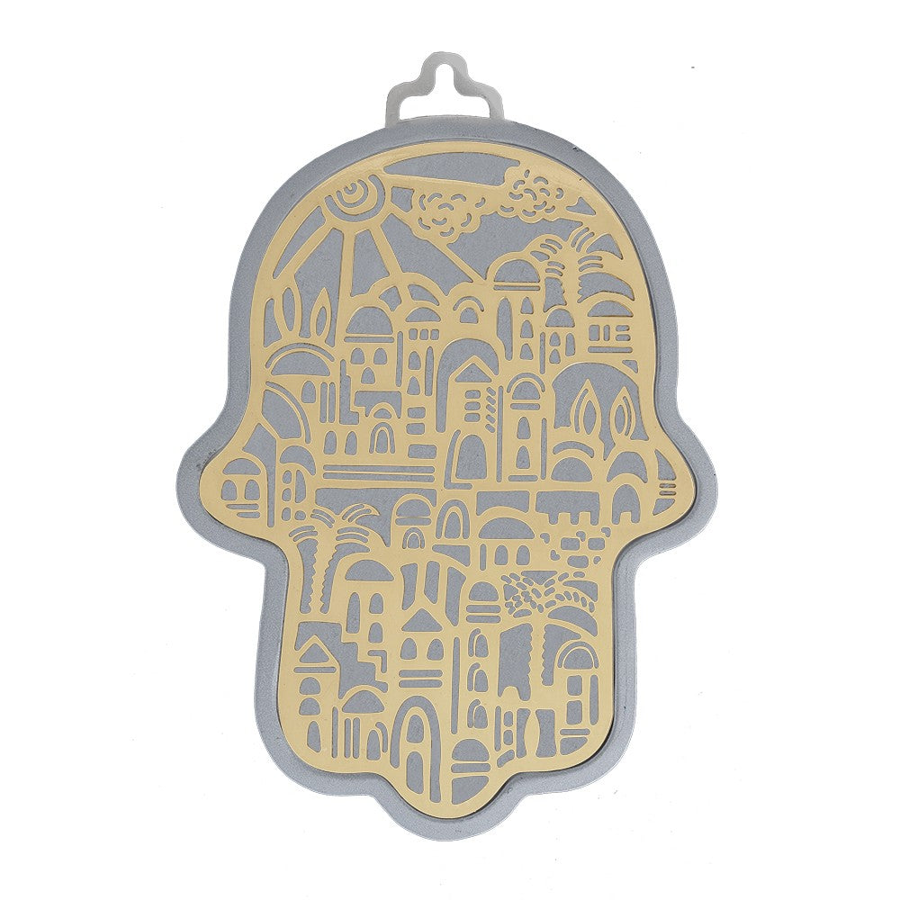 Medium Hamsa (12*17 cm) silver with copper metal cutout - "Jerusalem" - by artist Yair Emmanuel