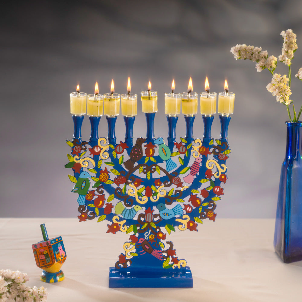 חנוכייה "עץ החיים, ציפורים ורימונים" ממתכת חיתוך לייזר - תמונה 5 - יאיר עמנואל