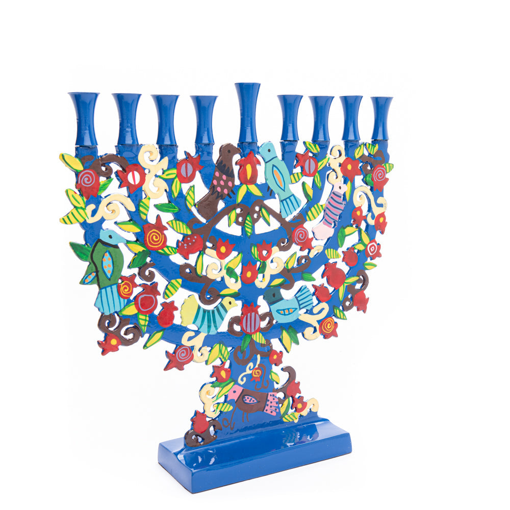 חנוכייה "עץ החיים, ציפורים ורימונים" ממתכת חיתוך לייזר - תמונה 2 - יאיר עמנואל