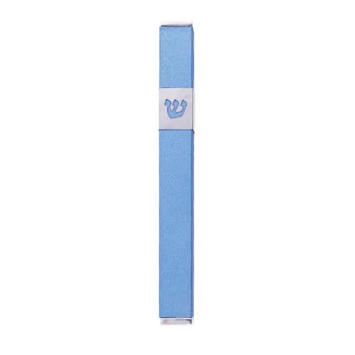 Rectangular aluminum mezuzah with blue finish and CNC-cut "S" in stainless steel. (12 cm parchment)