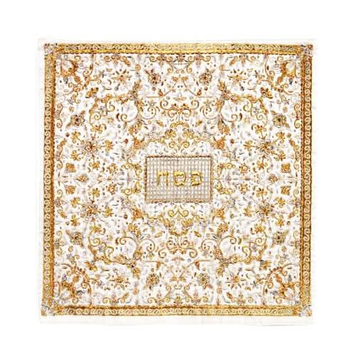 כיסוי מצה ממשי רקום בסגנון אוריינטלי עיטורי פרחים רקומים מהממים (בגווני כסף זהב) -אמנות ישראלית יאיר עמנואל