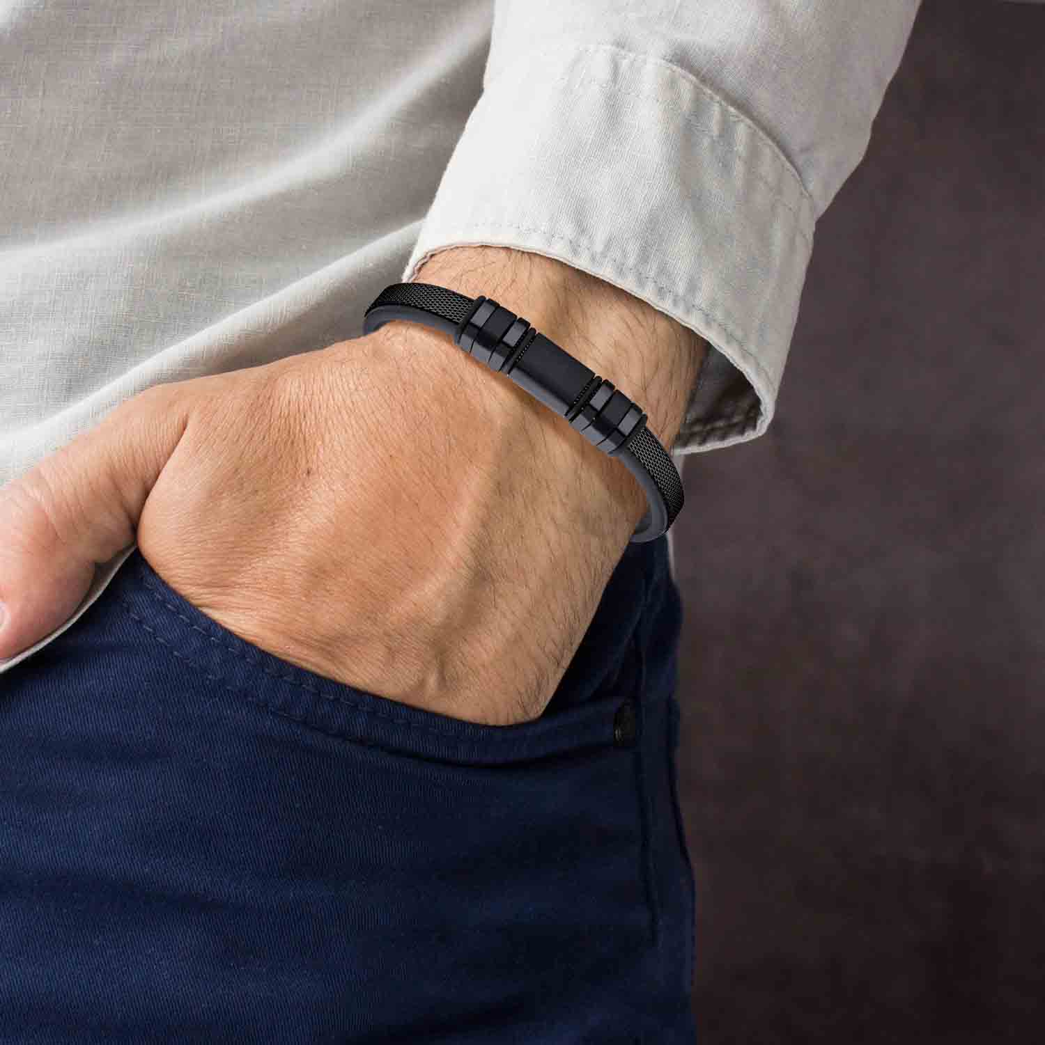 Men's black PU leather bracelet (23 cm) with a steel "mesh" strap with black PVD coating