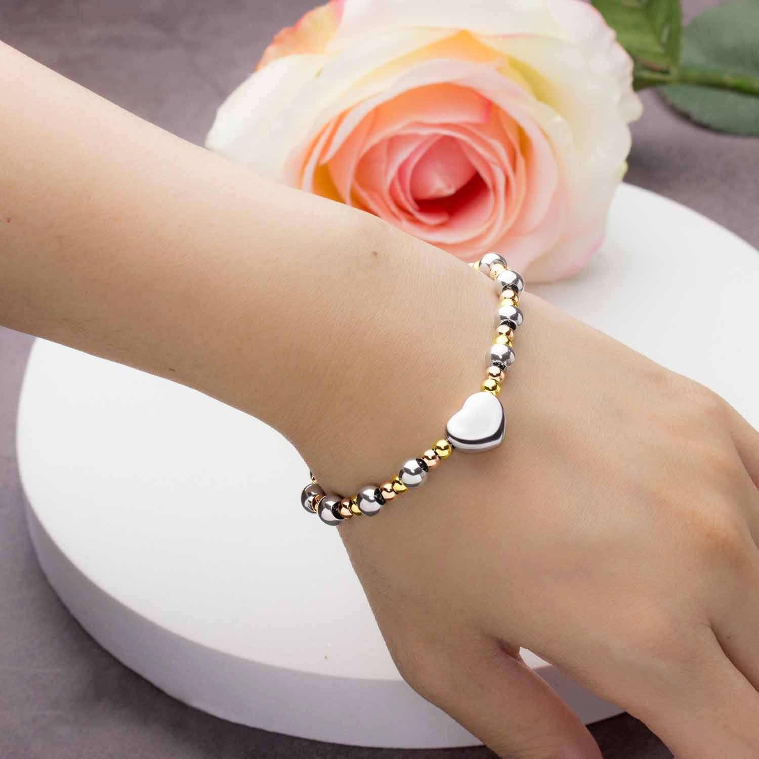 Luxurious 316 medical grade stainless steel ball bracelet for women with heart charm (17 cm, extendable to 20 cm)