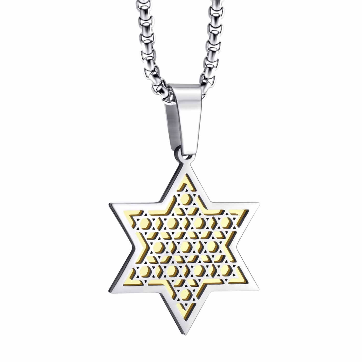 שרשרת מגן דוד(2.4 ס"מ) לגבר או לאישה עם ציפוי זהב PVD יוקרתי. עשרות מגני דוד על רקע מוזהב צעיר. עיצוב מודרני. כולל שרשרת סטיל עבה. מחיר מבצע אתר מתנות ישראל.