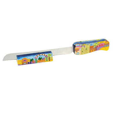 סכין חלה (3.5*32 ס"מ) ציור עבודת יד "ירושלים", האמן יאיר עמנואל